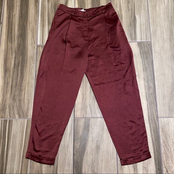 H&M Satin Relaxed Fit Cropped tapered leg cuffed hem pants Burgundy size 6 - Picture 5 of 13